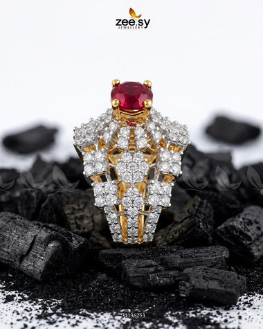 Luxurious Diamond Cluster Ring Golden Red Finger Ring - Zeesy Jewellery Pakistan | Premium Artificial & Imitation Jewellery