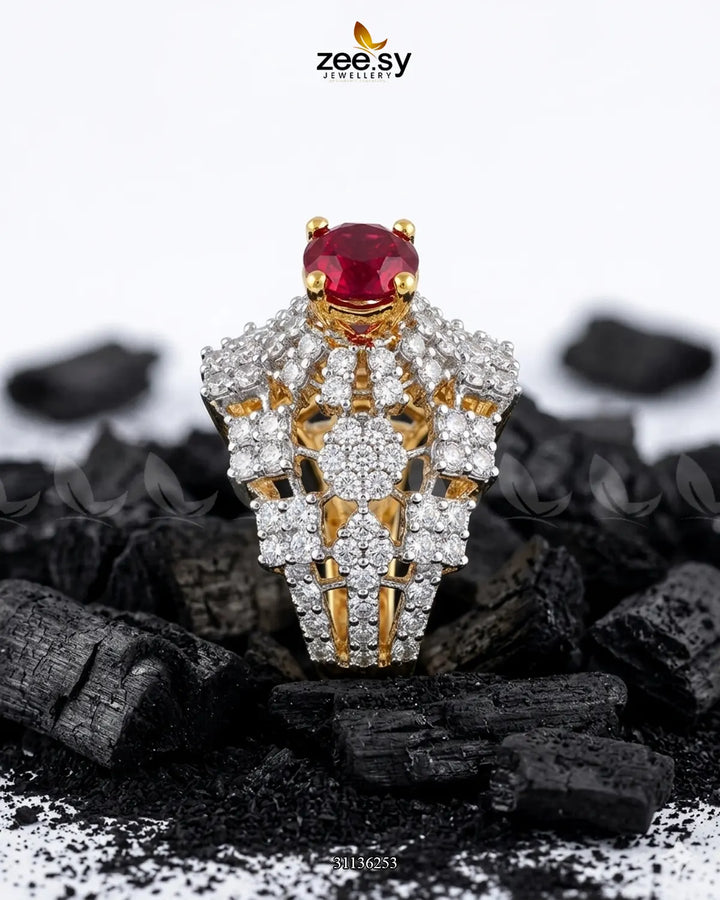 Luxurious Diamond Cluster Ring Golden Red Finger Ring - Zeesy Jewellery Pakistan | Premium Artificial & Imitation Jewellery