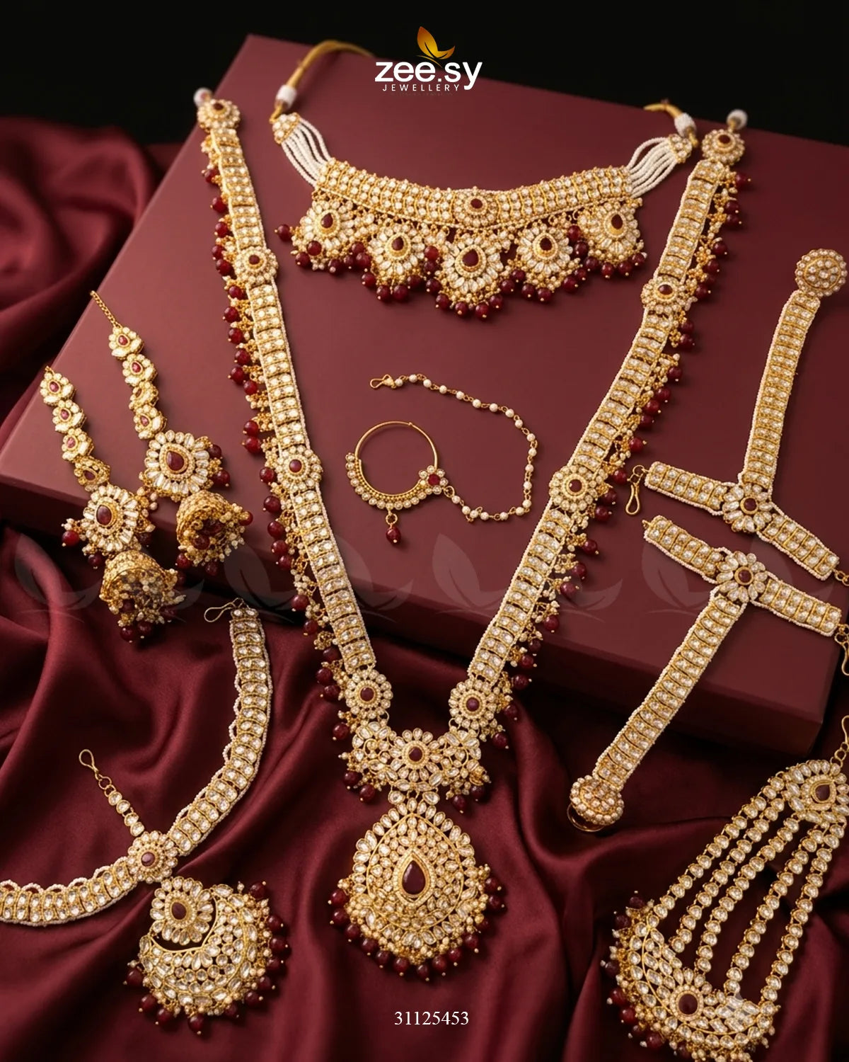 Luxurious Elaborate Grand Bridal Set Golden Red Bridal Set - Zeesy Jewellery Pakistan | Premium Artificial & Imitation Jewellery
