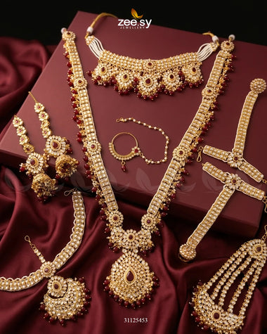 Luxurious Elaborate Grand Bridal Set Golden Red Bridal Set - Zeesy Jewellery Pakistan | Premium Artificial & Imitation Jewellery