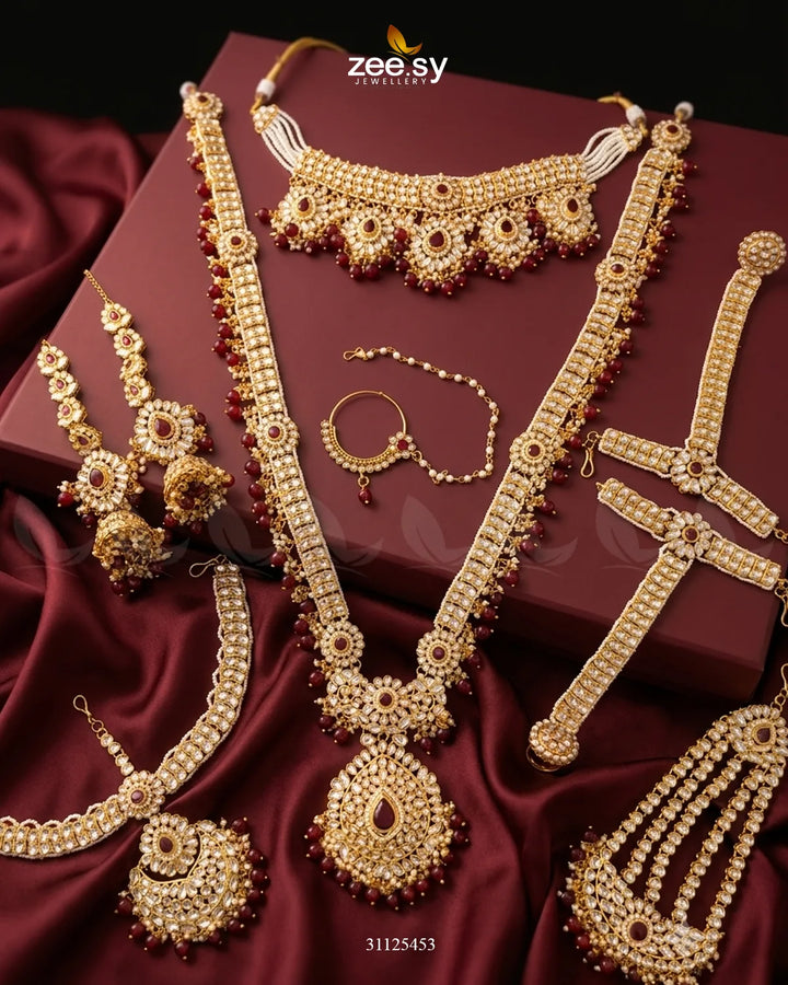 Luxurious Elaborate Grand Bridal Set Golden Red Bridal Set - Zeesy Jewellery Pakistan | Premium Artificial & Imitation Jewellery