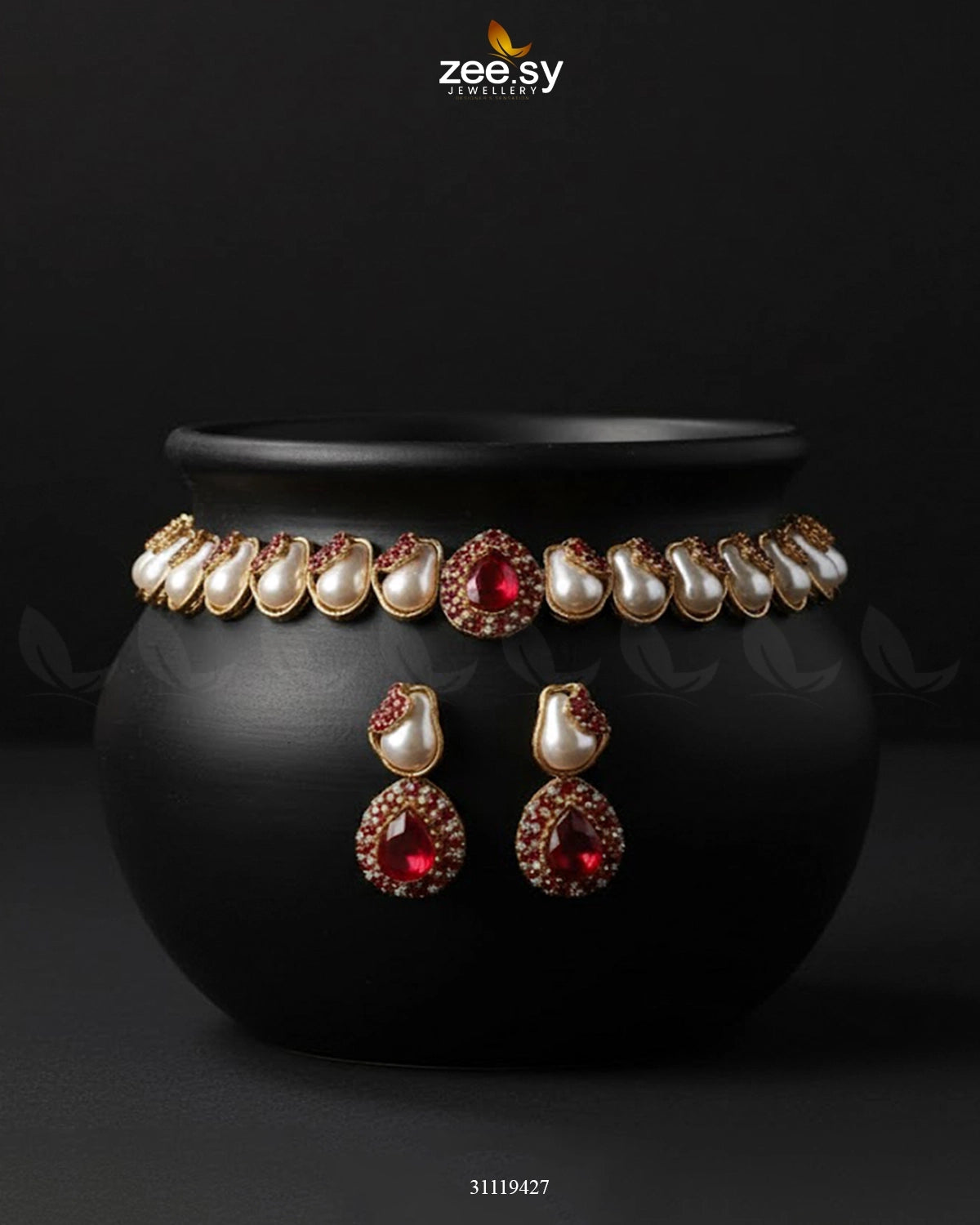 Keystone Choker Necklace Set Mahroon - Zeesy Jewellery