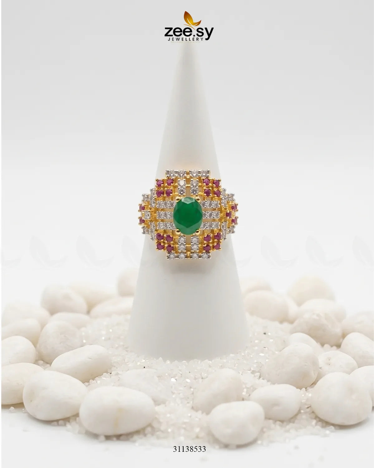 Majestic Heritage Statement Ring Golden Ruby & Green Finger Ring - Zeesy Jewellery Pakistan | Premium Artificial & Imitation Jewellery