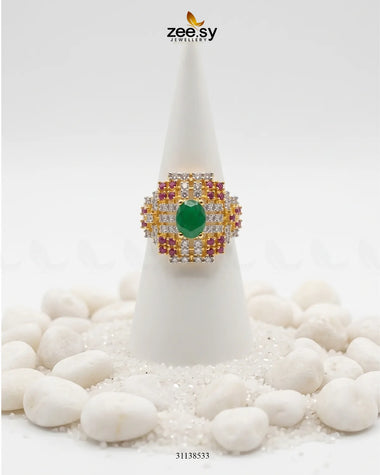 Majestic Heritage Statement Ring Golden Ruby & Green Finger Ring - Zeesy Jewellery Pakistan | Premium Artificial & Imitation Jewellery