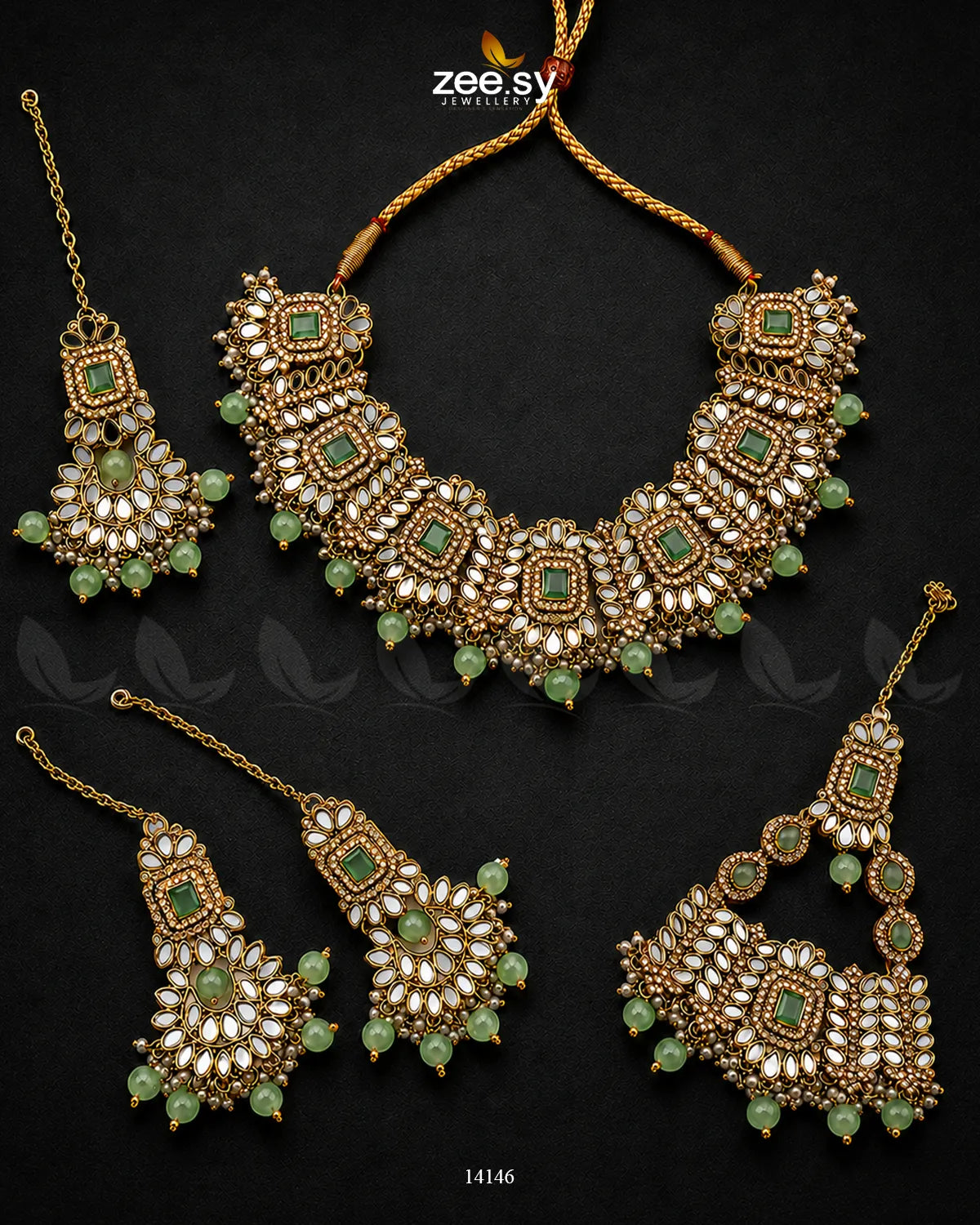 Elegant Maryam Bridal Set by AJ03 featuring mint-colored jewelry with intricate design details for wedding or special occasions.