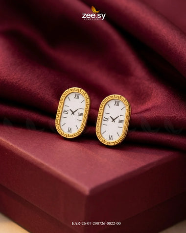 Mesh Chain Watch Face Earrings Golden White Earrings - Zeesy Jewellery Pakistan | Premium Artificial & Imitation Jewellery