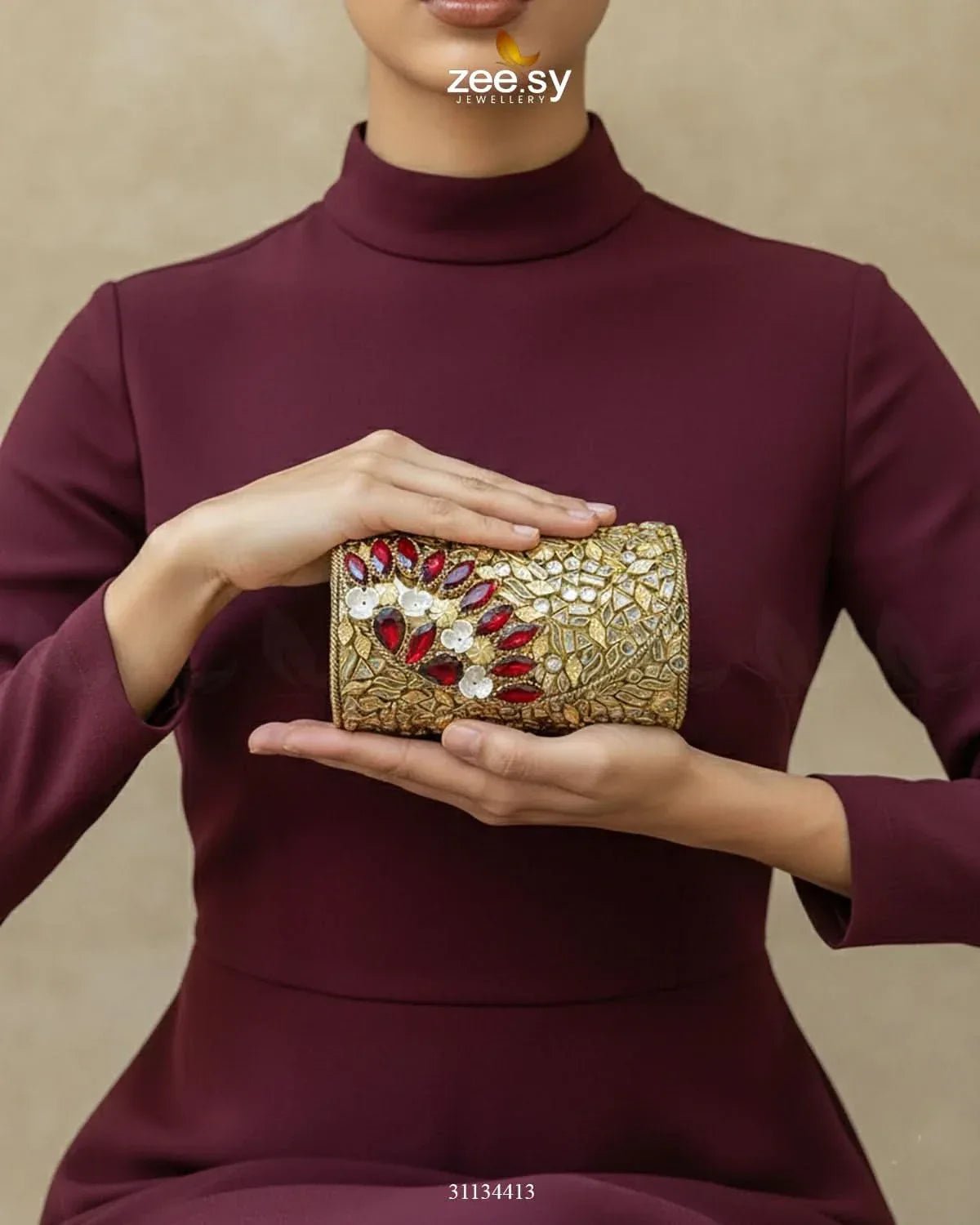 Midnight Reddish Kundan Clutch Bag - Zeesy.pk