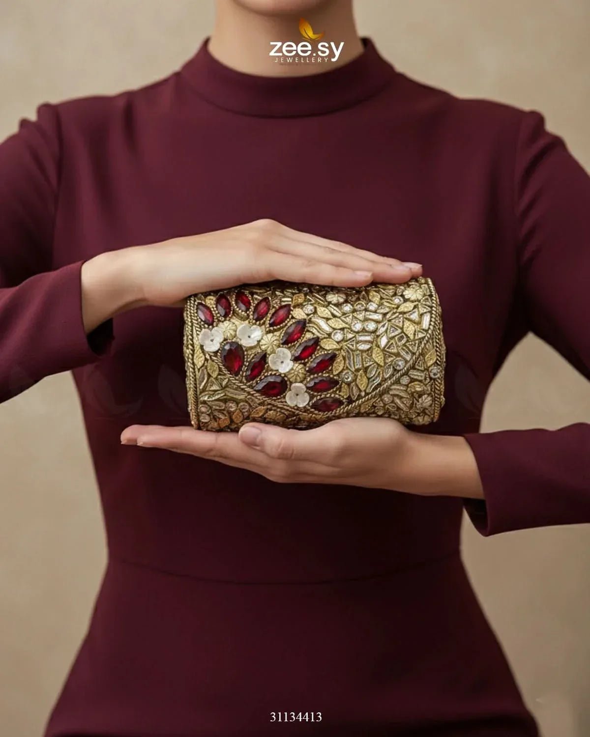 Midnight Reddish Kundan Clutch Bag - Zeesy.pk