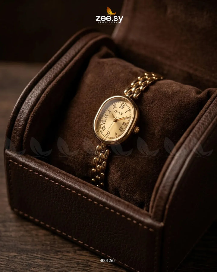 Elegant AJ03 minimalist oval dial watch with a sleek design, featuring a simple face and slim strap.