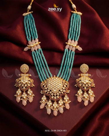 Mira Pearl Drop Malla Set Golden Feroza Malla Necklace - Zeesy Jewellery Pakistan | Premium Artificial & Imitation Jewellery