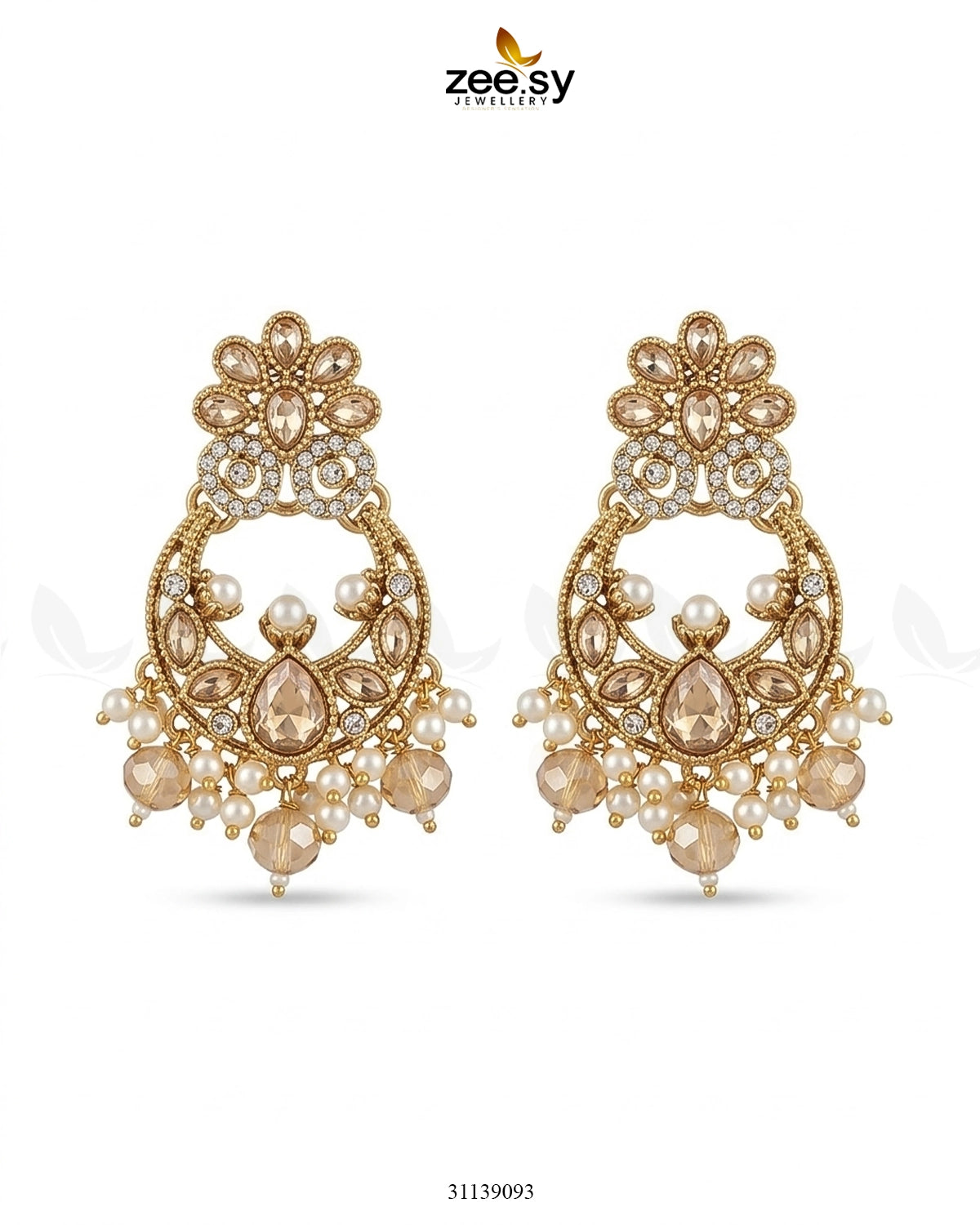 Moon Pearl Stone Chandbali Earrings Golden Champagne Earrings - Zeesy Jewellery Pakistan | Premium Artificial & Imitation Jewellery