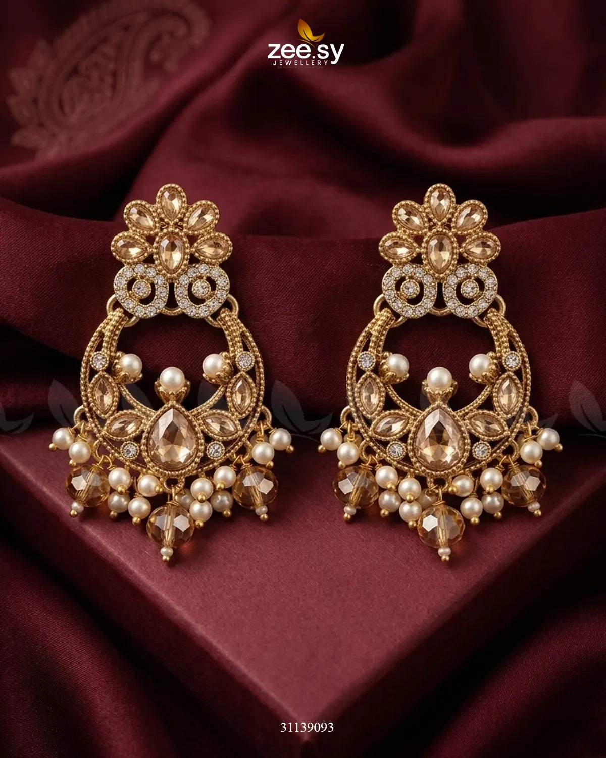 Moon Pearl Stone Chandbali Earrings Earrings - Zeesy Jewellery Pakistan | Premium Artificial & Imitation Jewellery
