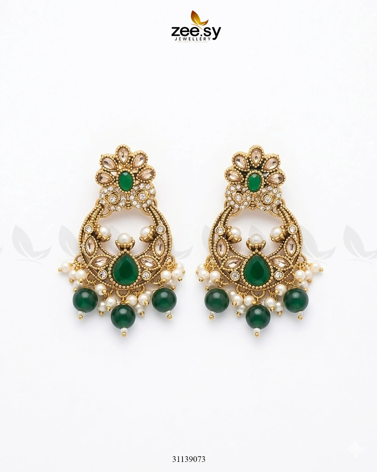 Moon Pearl Stone Chandbali Earrings Golden Green Earrings - Zeesy Jewellery Pakistan | Premium Artificial & Imitation Jewellery