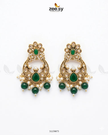 Moon Pearl Stone Chandbali Earrings Golden Green Earrings - Zeesy Jewellery Pakistan | Premium Artificial & Imitation Jewellery