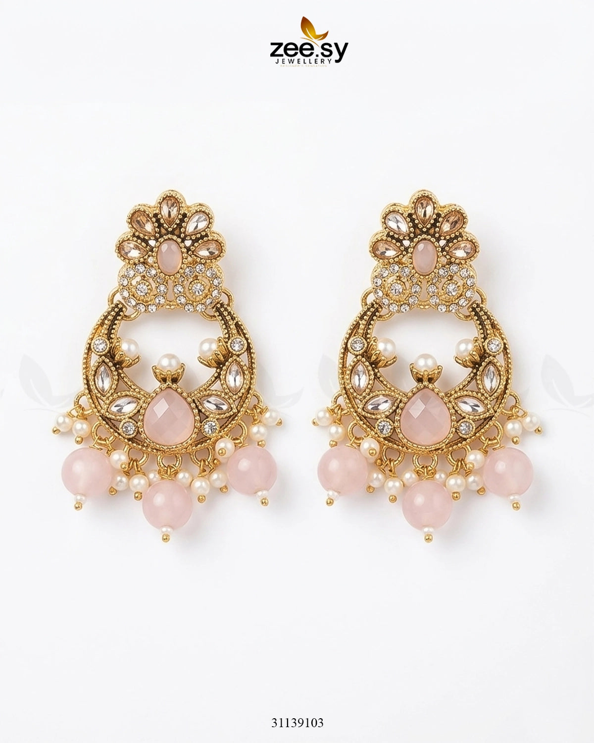 Moon Pearl Stone Chandbali Earrings Golden Mint Pink Earrings - Zeesy Jewellery Pakistan | Premium Artificial & Imitation Jewellery