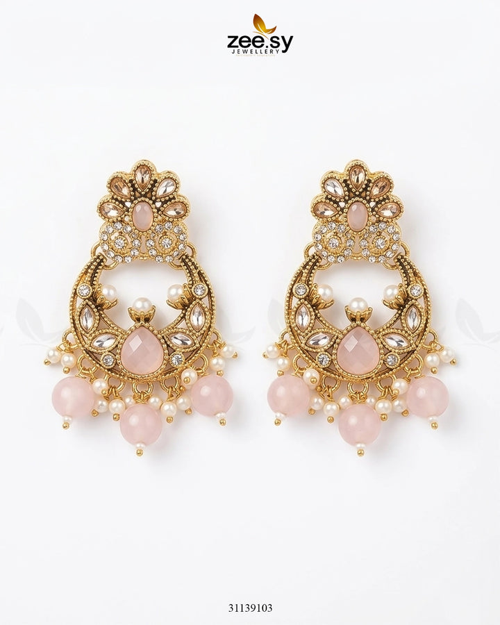 Moon Pearl Stone Chandbali Earrings Golden Mint Pink Earrings - Zeesy Jewellery Pakistan | Premium Artificial & Imitation Jewellery