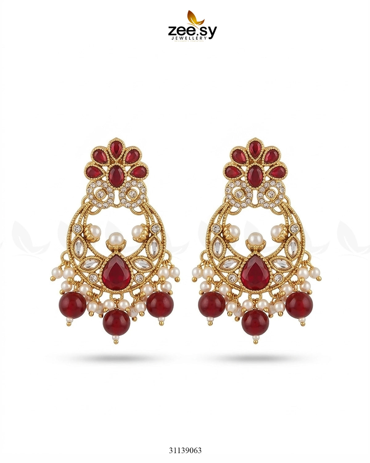 Moon Pearl Stone Chandbali Earrings Golden Red Earrings - Zeesy Jewellery Pakistan | Premium Artificial & Imitation Jewellery