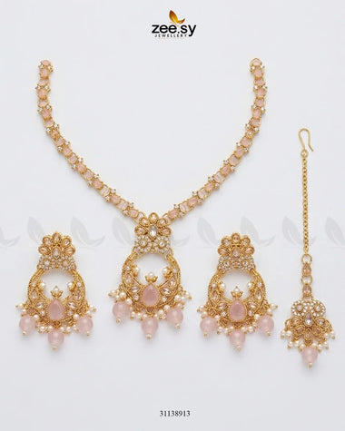 Moon Pearl Stone Necklace Set Golden Mint Pink Necklace Sets - Zeesy Jewellery Pakistan | Premium Artificial & Imitation Jewellery
