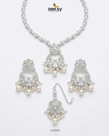 Moon Pearl Stone Necklace Set Silver White Necklace Sets - Zeesy Jewellery Pakistan | Premium Artificial & Imitation Jewellery