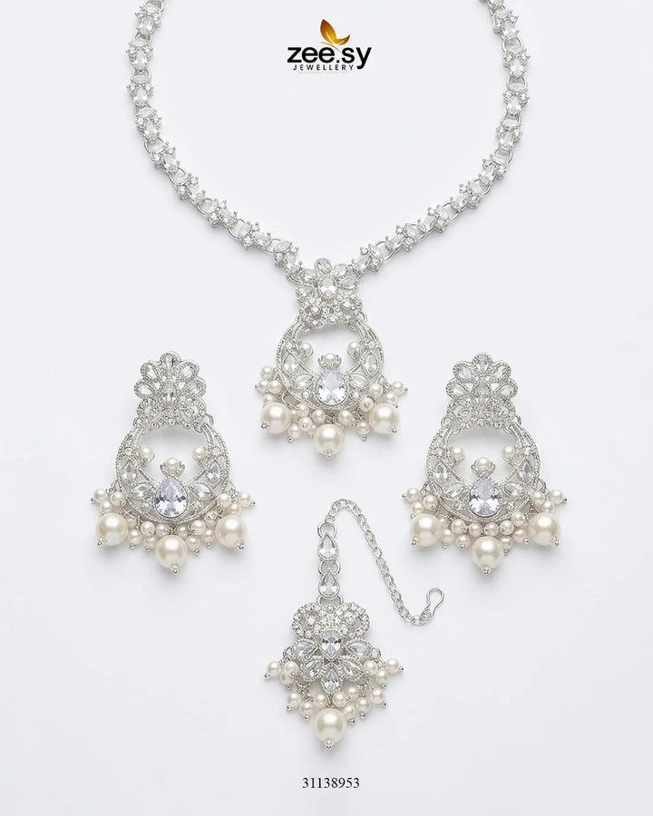Moon Pearl Stone Necklace Set Silver White Necklace Sets - Zeesy Jewellery Pakistan | Premium Artificial & Imitation Jewellery