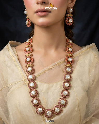 Mosaic Pearl Royale Malla Set Tea Pink Malla Necklace - Zeesy Jewellery Pakistan | Premium Artificial & Imitation Jewellery