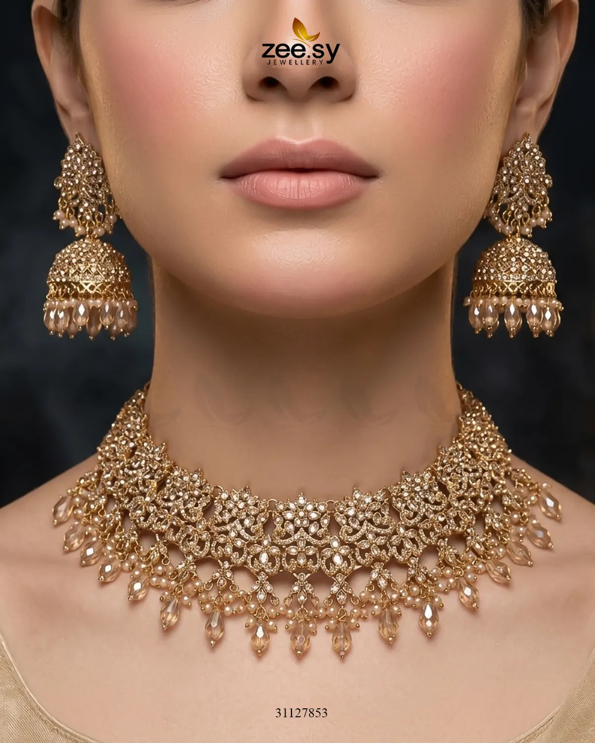 Nectarine Bloom Gems Bridal Set Bridal Set - Zeesy Jewellery Pakistan | Premium Artificial & Imitation Jewellery