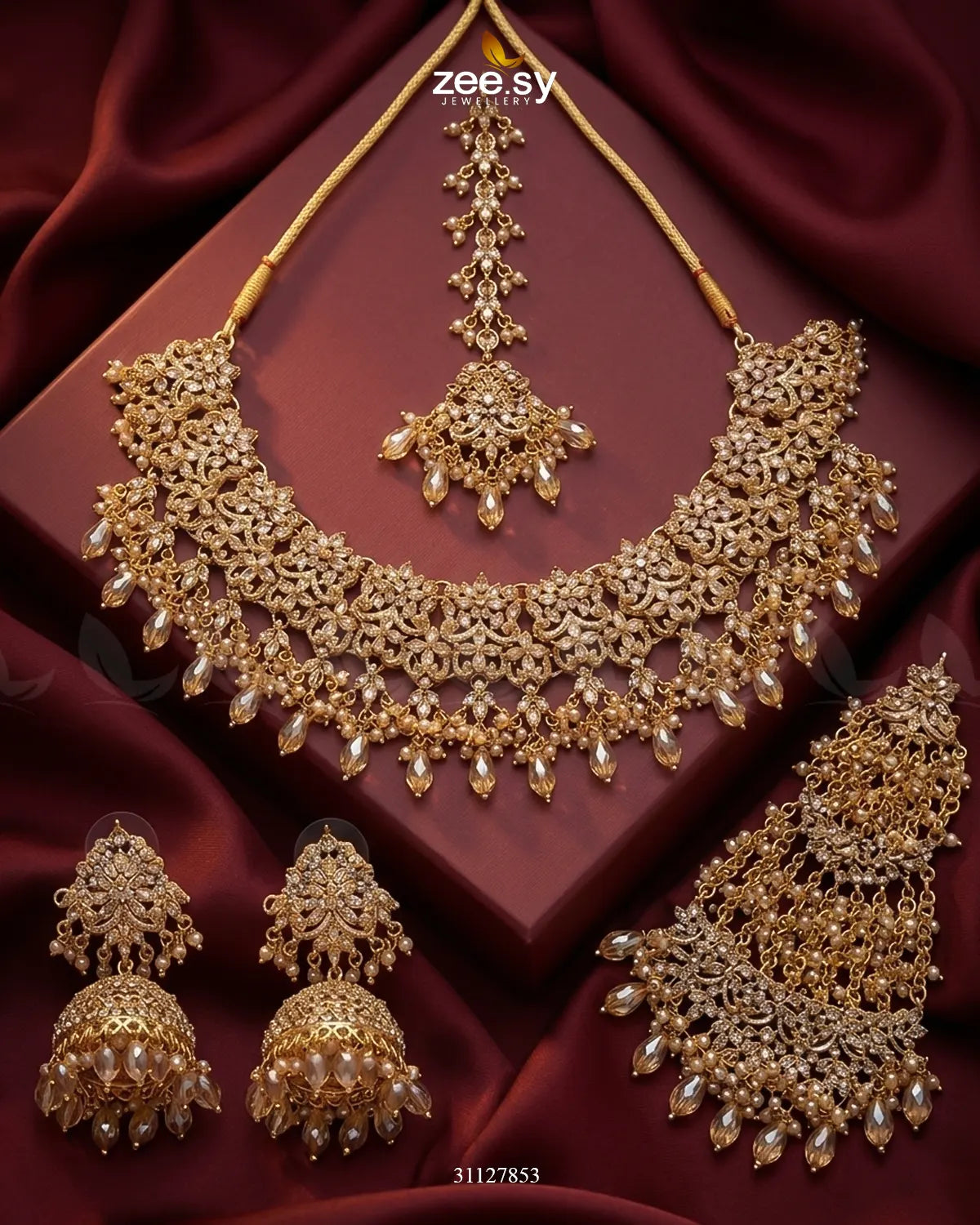 Nectarine Bloom Gems Bridal Set Golden Champagne Bridal Set - Zeesy Jewellery Pakistan | Premium Artificial & Imitation Jewellery
