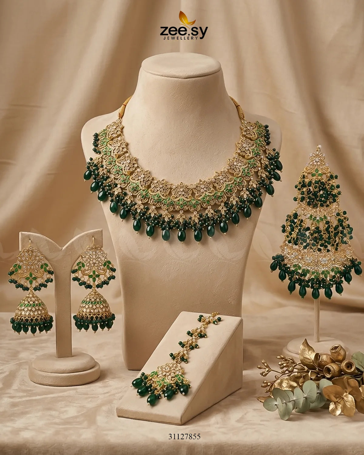 Nectarine Bloom Gems Bridal Set Golden Green Bridal Set - Zeesy Jewellery Pakistan | Premium Artificial & Imitation Jewellery