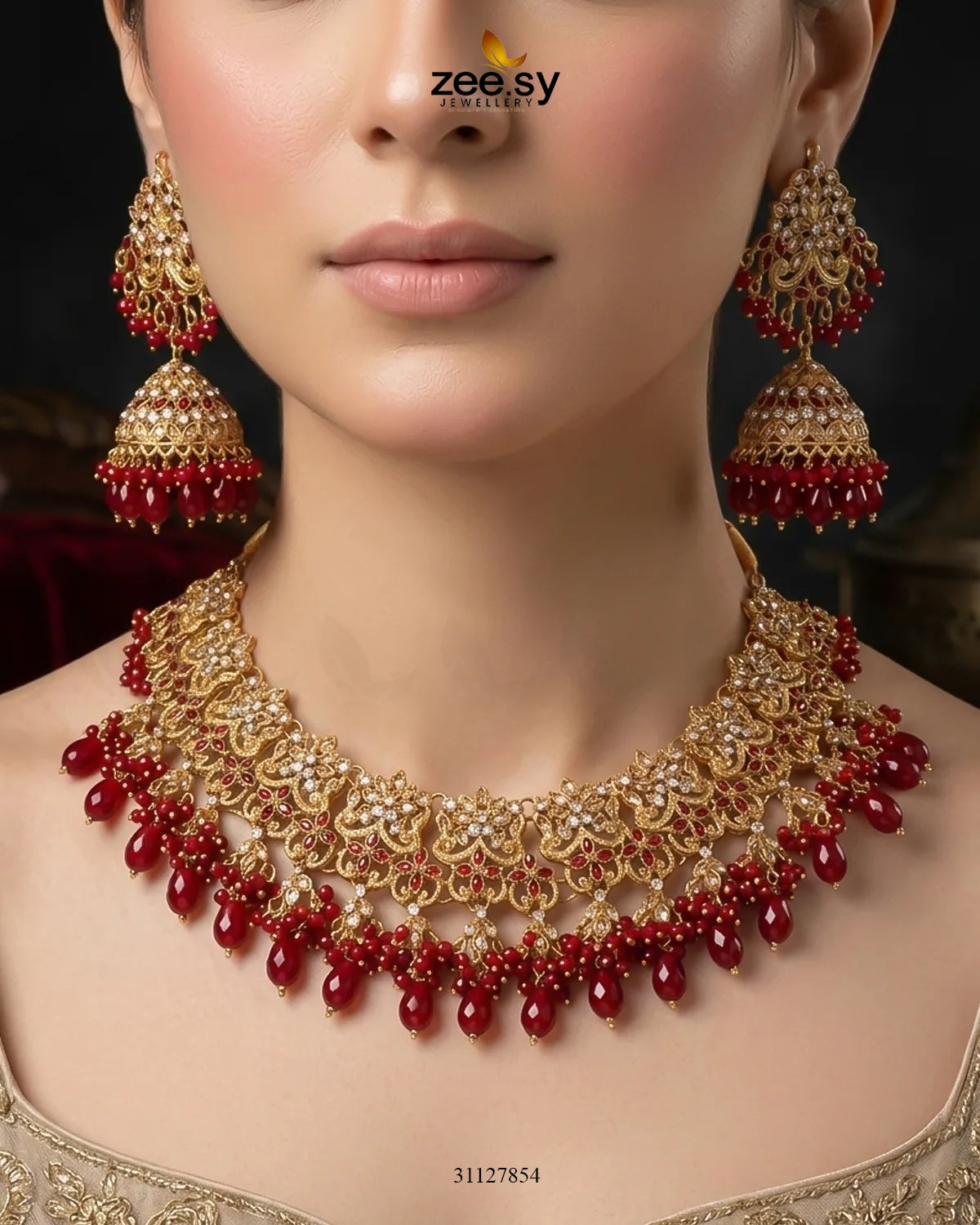 Nectarine Bloom Gems Bridal Set Bridal Set - Zeesy Jewellery Pakistan | Premium Artificial & Imitation Jewellery
