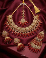 Nectarine Bloom Gems Bridal Set Golden Red Bridal Set - Zeesy Jewellery Pakistan | Premium Artificial & Imitation Jewellery
