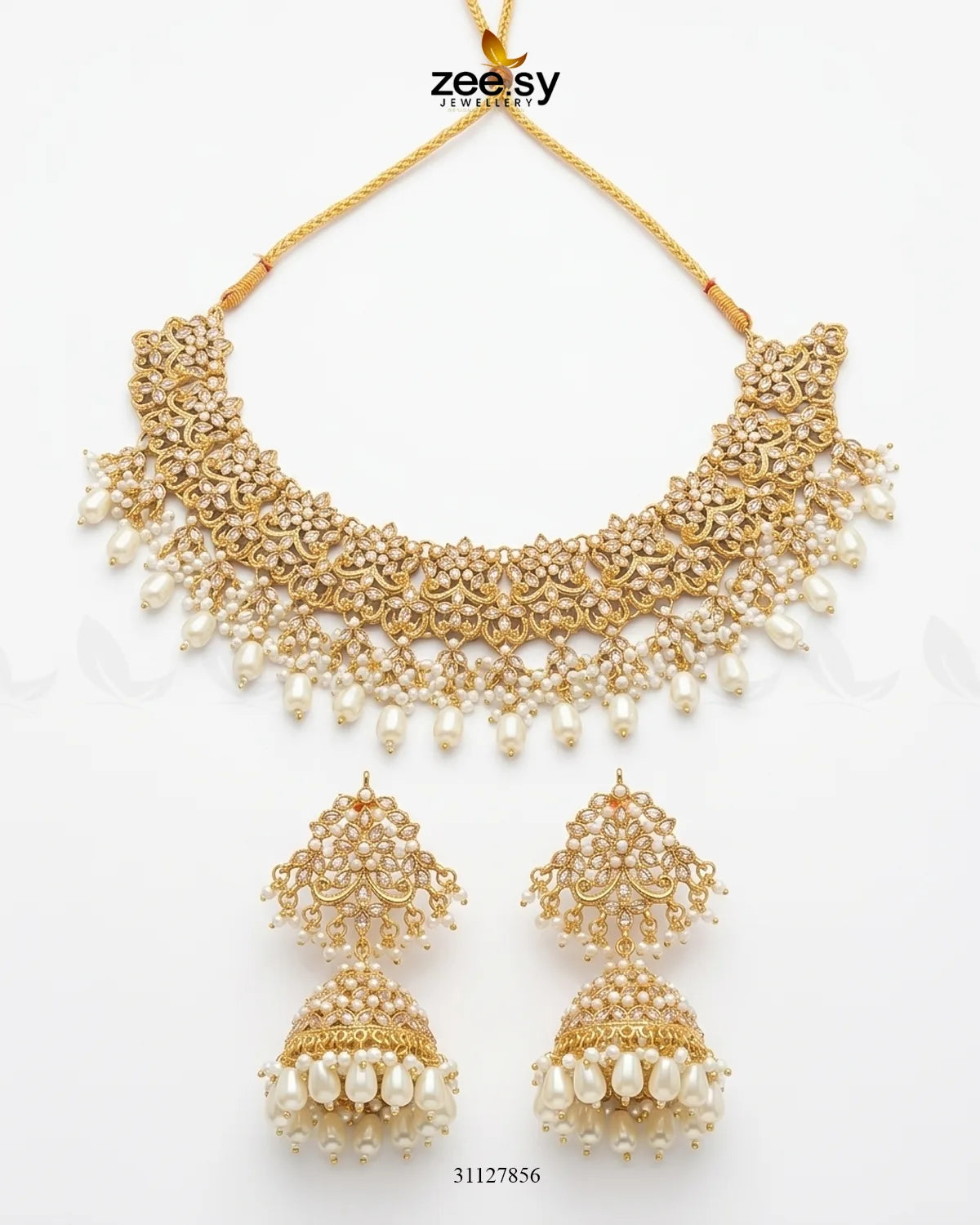 Nectarine Bloom Gems Bridal Set Golden White Bridal Set - Zeesy Jewellery Pakistan | Premium Artificial & Imitation Jewellery