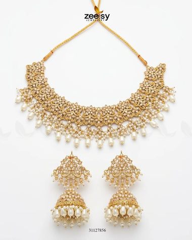 Nectarine Bloom Gems Bridal Set Golden White Bridal Set - Zeesy Jewellery Pakistan | Premium Artificial & Imitation Jewellery