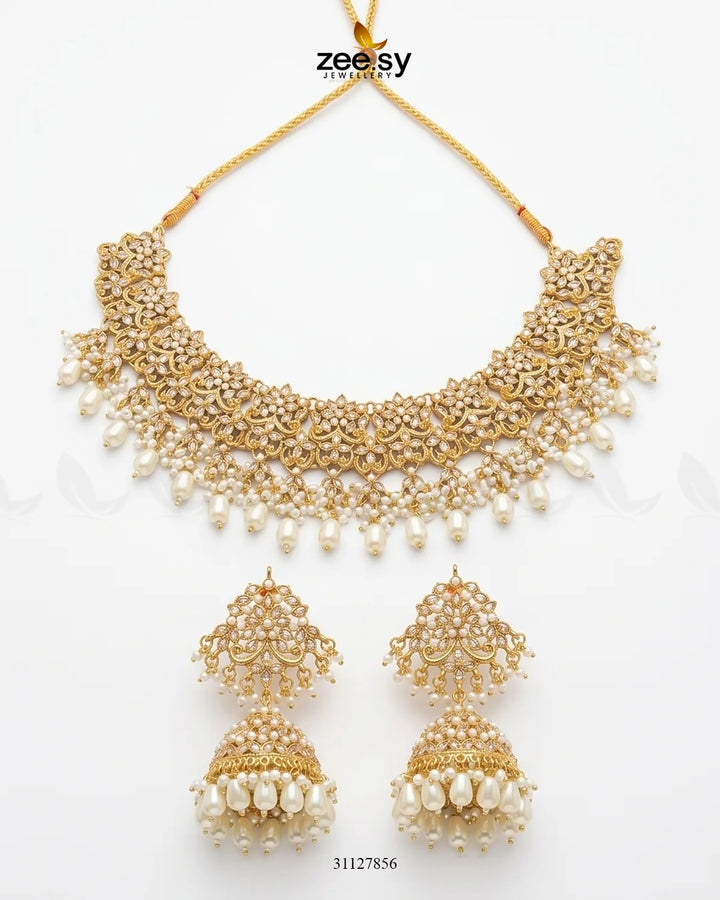 Nectarine Bloom Gems Bridal Set Golden White Bridal Set - Zeesy Jewellery Pakistan | Premium Artificial & Imitation Jewellery