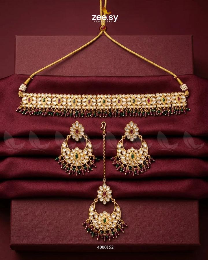 Nova Beaded Stone Necklace Set Golden Ruby & Green Necklace Sets - Zeesy Jewellery Pakistan | Premium Artificial & Imitation Jewellery
