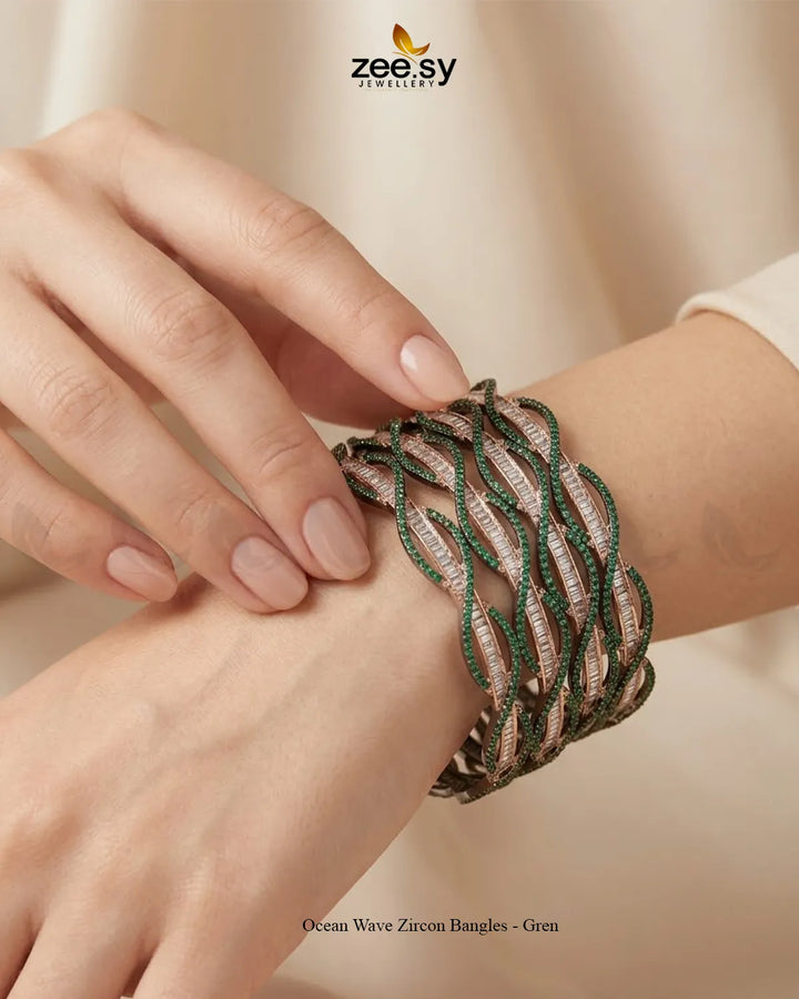 Ocean Wave Zircon Bangles - Green BANGLES - Zeesy Jewellery Pakistan | Premium Artificial & Imitation Jewellery