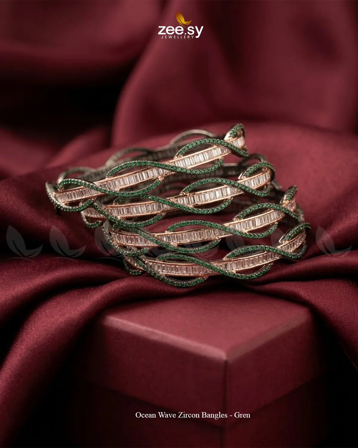 Ocean Wave Zircon Bangles - Green BANGLES - Zeesy Jewellery Pakistan | Premium Artificial & Imitation Jewellery