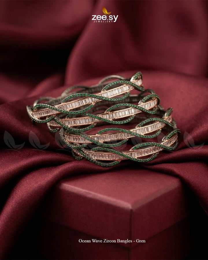 Ocean Wave Zircon Bangles - Green BANGLES - Zeesy Jewellery Pakistan | Premium Artificial & Imitation Jewellery