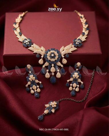 Ocean Zirconia Necklace Set - Black Black Rose Blue Necklace Sets - Zeesy Jewellery Pakistan | Premium Artificial & Imitation Jewellery
