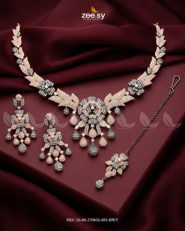 Ocean Zirconia Necklace Set - Black Black Rose White Necklace Sets - Zeesy Jewellery Pakistan | Premium Artificial & Imitation Jewellery