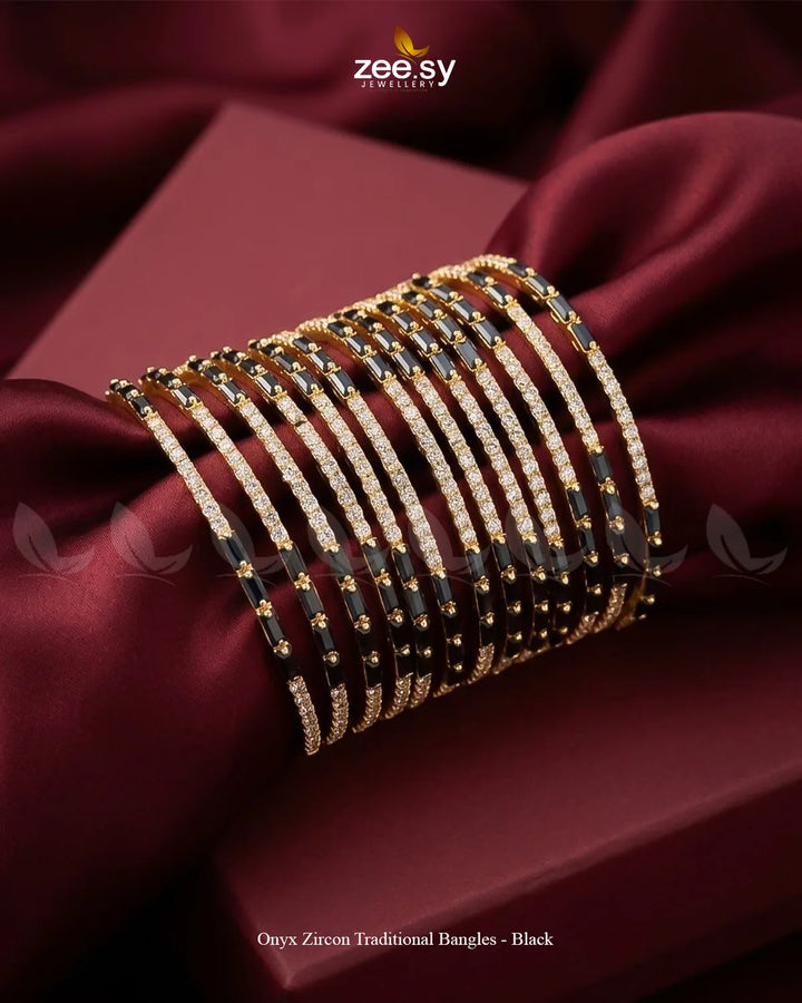 Black Onyx Zircon traditional bangles from AJ03, featuring intricate designs and polished finish, perfect for ethnic jewelry collection.