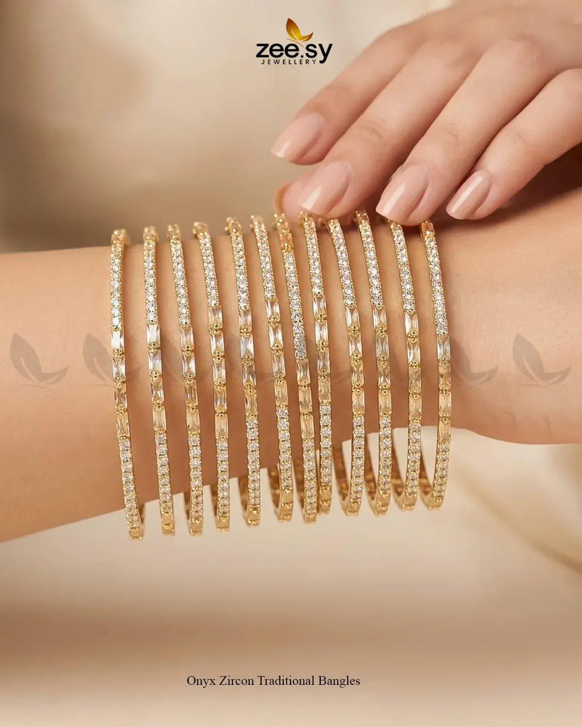Onyx zircon traditional bangles in champagne color, featuring intricate design, by AJ03.