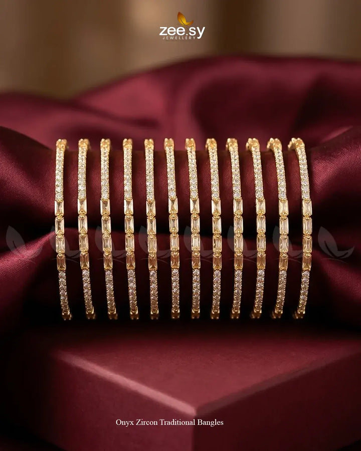 Elegant champagne Onyx Zircon traditional bangles by AJ03, featuring intricate design and sparkling accents.