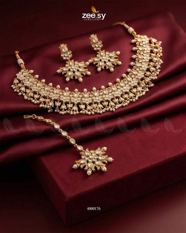 RHS09 Opal Bold Pearl Necklace Set with layered pearl necklaces and matching earrings, gold-tone details