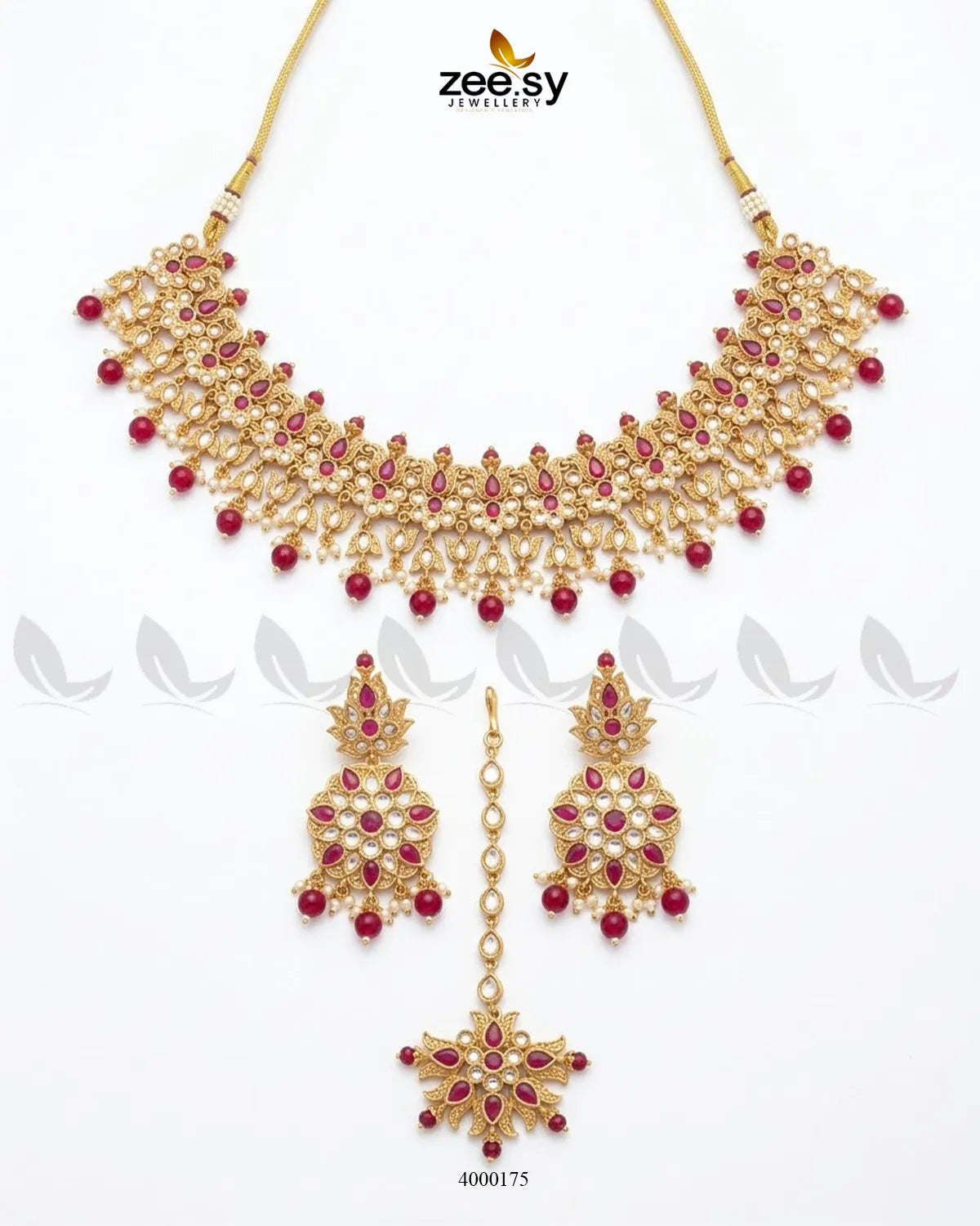 RHS09 Opal Bold Pearl Necklace Set with ruby accents displayed on a light background