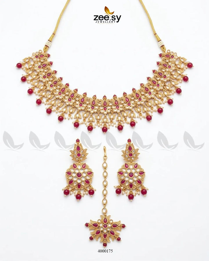 RHS09 Opal Bold Pearl Necklace Set with ruby accents displayed on a light background