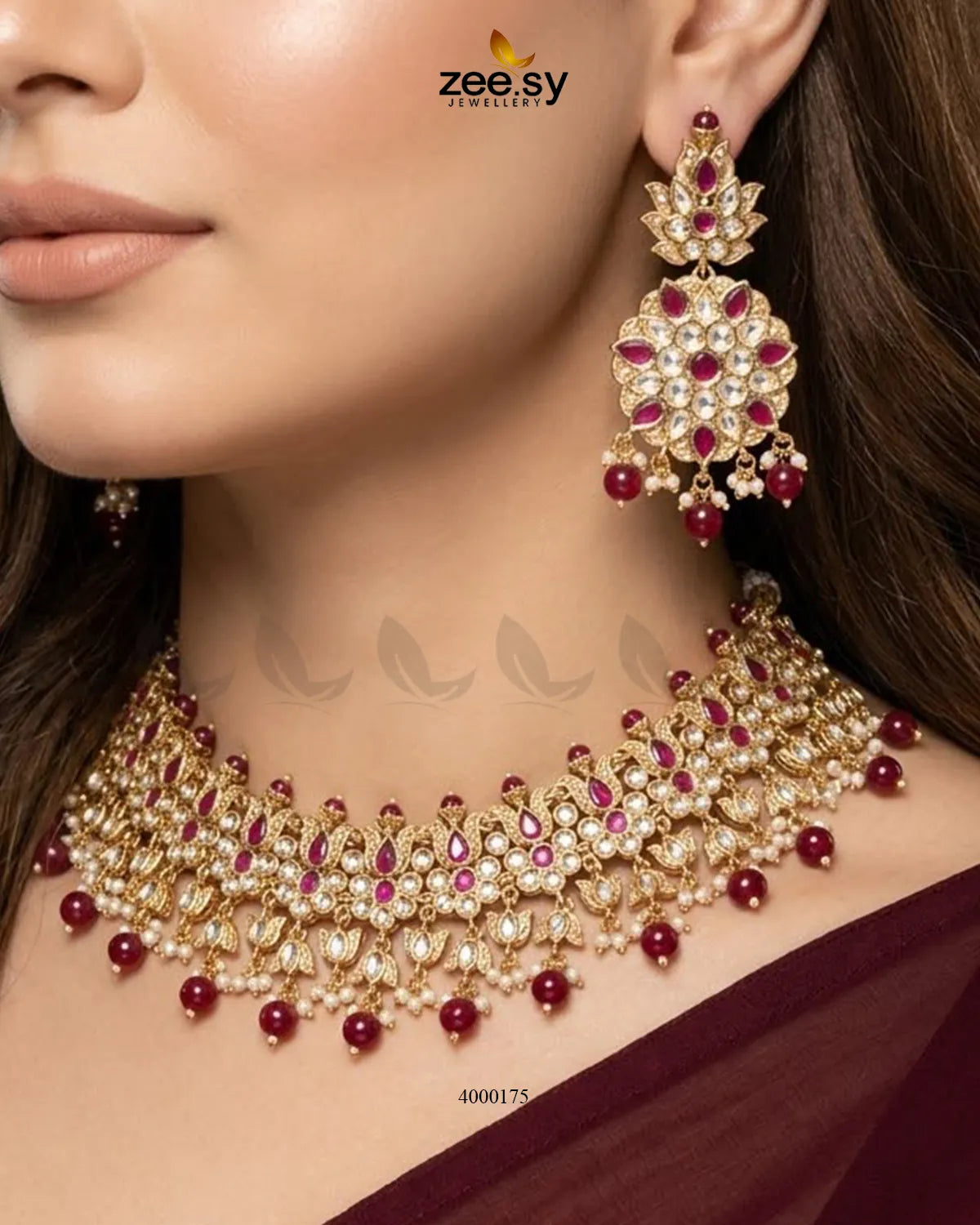RHS09 Opal Bold Pearl Necklace Set with ruby accents on a white background