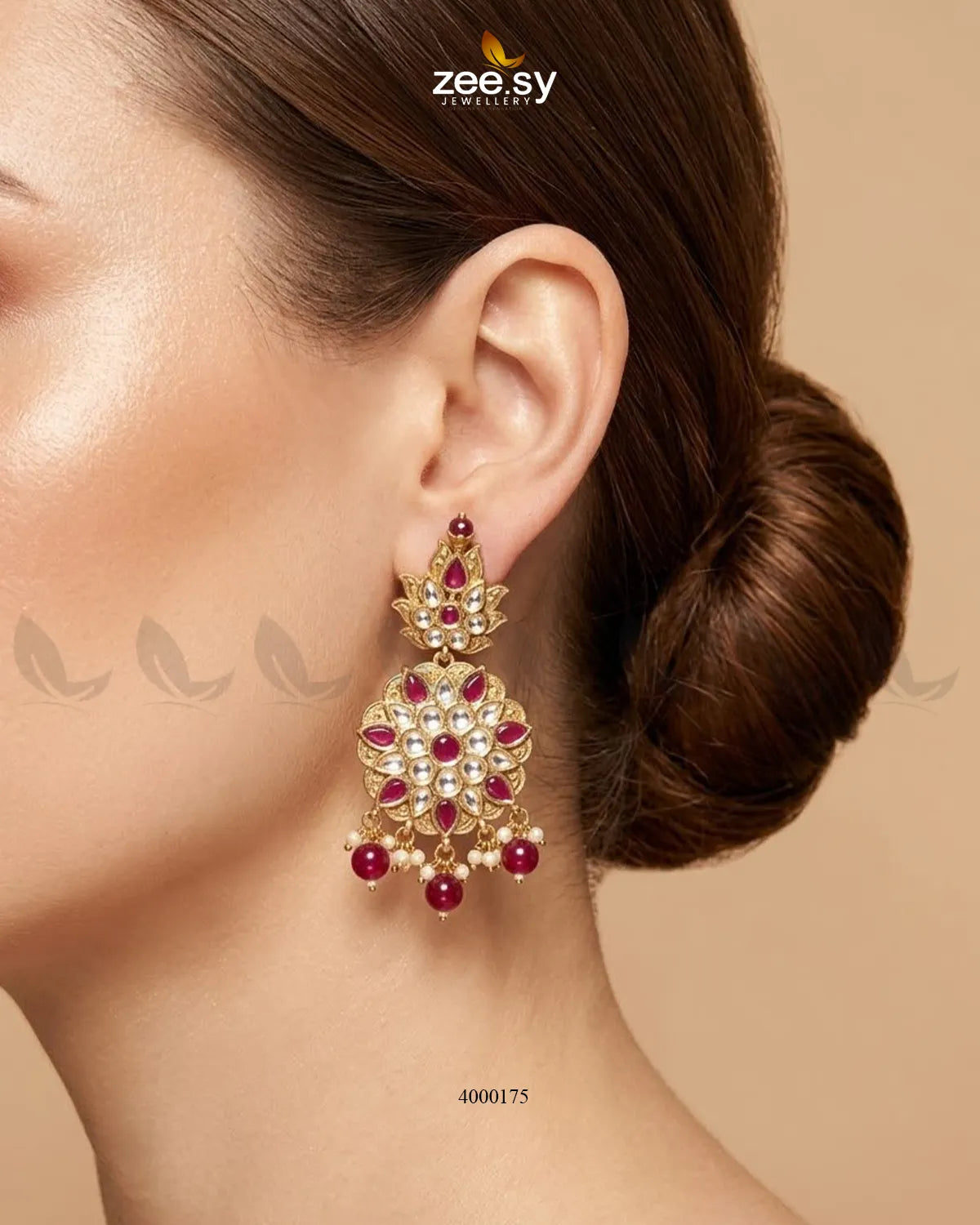 RHS09 Opal Bold Pearl Necklace Set with ruby accents, close-up view