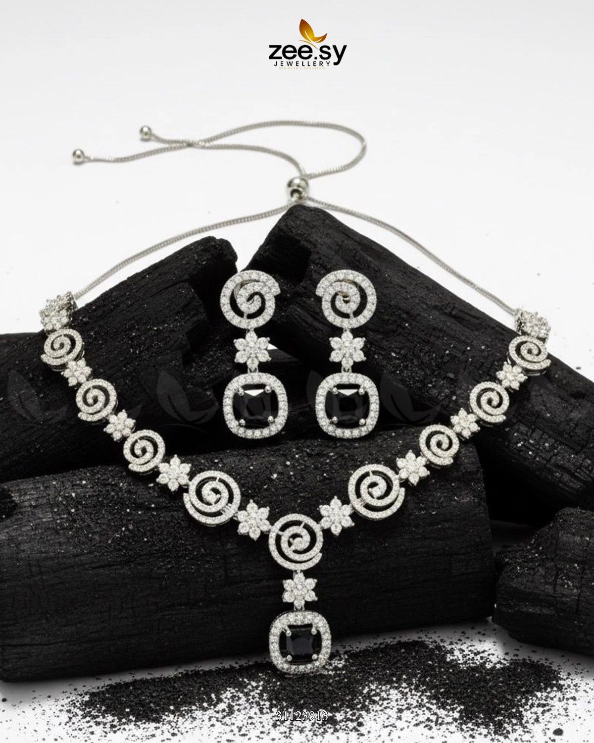 Opulent Vestige Crystal Necklace Set Silver Black - Zeesy Jewellery