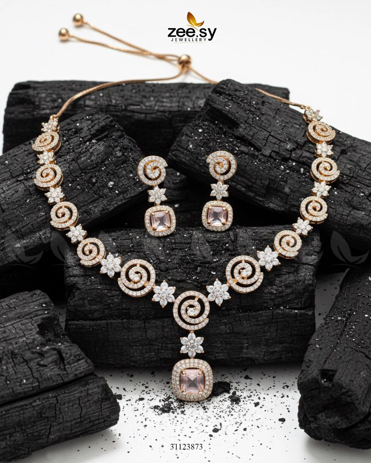 Opulent Vestige Crystal Necklace Set Golden Mint Pink - Zeesy Jewellery