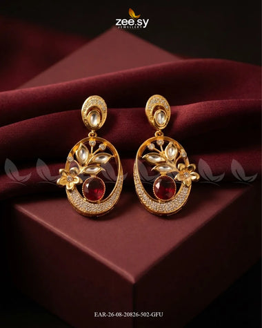 Orla Oval Crystal Drop Earrings Golden Fuchsia Earrings - Zeesy Jewellery Pakistan | Premium Artificial & Imitation Jewellery